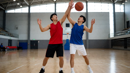 室内篮球馆比赛现场，球员在篮下争抢篮板